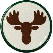 Moose hat button side patch: a moose on a white domed button. Field Guide Animals collection.