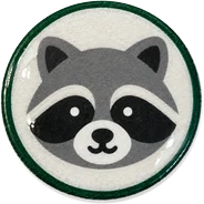 Raccoon hat button side patch: a raccoon on a white domed button. Field Guide Animals collection.