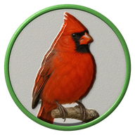 Cardinal hat button side patch: a realistic Cardinal portrait under a clear glass dome. Backyard Birds collection.