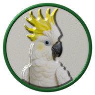 Cockatoo hat button side patch: a realistic Cockatoo portrait under a clear glass dome. Pet Birds collection.