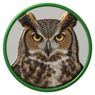 Great Horned Owl hat button side patch: a realistic Great Horned Owl portrait. Birds of Prey collection.
