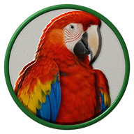 Scarlet Macaw hat button side patch: a realistic Scarlet Macaw portrait under a clear glass dome. Pet Birds collection.