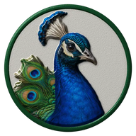 Peacock hat button side patch: a realistic Peacock portrait under a clear glass dome. Game & Showy Birds collection.