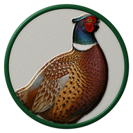 Pheasant hat button side patch: a realistic Pheasant portrait under a clear glass dome. Game & Showy Birds collection.
