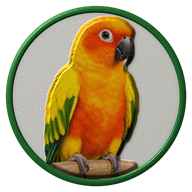 Sun Conure hat button side patch: a realistic Sun Conure portrait under a clear glass dome. Pet Birds collection.