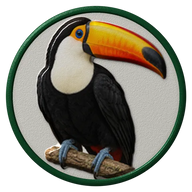Toucan hat button side patch: a realistic Toucan portrait under a clear glass dome. Game & Showy Birds collection.