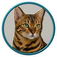 Bengal hat button side patch: a realistic Bengal cat portrait under a clear glass dome. Cats collection.