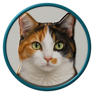 Calico hat button side patch: a realistic Calico portrait under a clear glass dome. Cats collection.