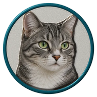 Grey tabby hat button side patch: a realistic Grey tabby portrait under a clear glass dome. Cats collection.