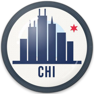 Chicago hat button side patch: a Chicago skyline on a white domed button. Cities collection.