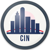 Cincinnati hat button side patch: a Cincinnati skyline on a white domed button. Cities collection.