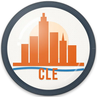 Cleveland hat button side patch: a Cleveland skyline on a white domed button. Cities collection.