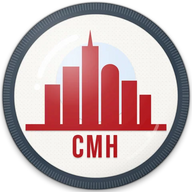 Columbus hat button side patch: a Columbus skyline on a white domed button. Cities collection.