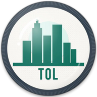Toledo hat button side patch: a Toledo skyline on a white domed button. Cities collection.