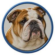 Bulldog hat button side patch: a realistic Bulldog portrait under a clear glass dome. Dogs collection.