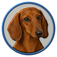 Dachshund hat button side patch: a realistic Dachshund portrait under a clear glass dome. Dogs collection.