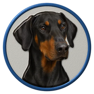 Doberman hat button side patch: a realistic Doberman portrait under a clear glass dome. Dogs collection.