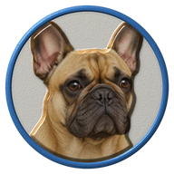 French Bulldog hat button side patch: a realistic French Bulldog portrait under a clear glass dome. Dogs collection.