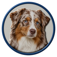 Miniature American Shepherd hat button side patch: a realistic Miniature American Shepherd portrait. Dogs collection.