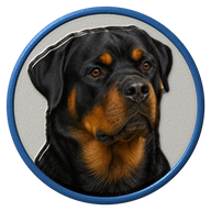 Rottweiler hat button side patch: a realistic Rottweiler portrait under a clear glass dome. Dogs collection.