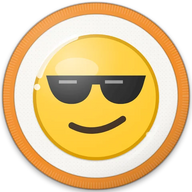 Sunglasses cool hat button side patch: a smiling face in sunglasses emoji on a white domed button. Emoji collection.