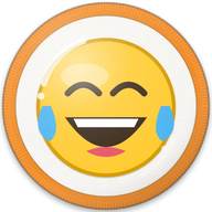 Tears of joy hat button side patch: a laughing face with tears of joy emoji on a white domed button. Emoji collection.