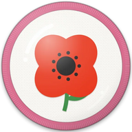 Poppy hat button side patch: a poppy, August's birth flower on a white domed button. Birth-Month Flowers collection.