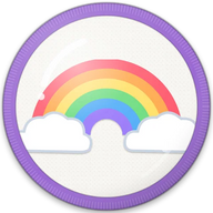 Rainbow hat button side patch: a rainbow arc on a white domed button. Hearts, Rainbows & Unicorns collection.