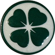 Four-leaf clover hat button side patch: a four-leaf clover on a white domed button. Luck, Faith & Causes collection.