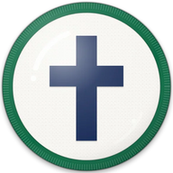 Cross hat button side patch: a cross on a white domed button. Luck, Faith & Causes collection.