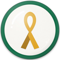Gold ribbon hat button side patch: a gold awareness ribbon for childhood cancer. Luck, Faith & Causes collection.