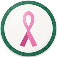 Pink ribbon hat button side patch: a pink awareness ribbon on a white domed button. Luck, Faith & Causes collection.