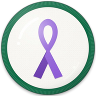 Purple ribbon hat button side patch: a purple awareness ribbon on a white domed button. Luck, Faith & Causes collection.