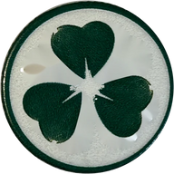 Shamrock hat button side patch: a three-leaf shamrock on a white domed button. Luck, Faith & Causes collection.