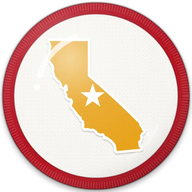 California hat button side patch: a California state outline on a white domed button. States collection.