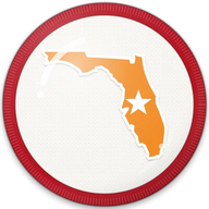 Florida hat button side patch: a Florida state outline on a white domed button. States collection.