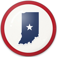 Indiana hat button side patch: an Indiana state outline on a white domed button. States collection.