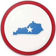 Kentucky hat button side patch: a Kentucky state outline on a white domed button. States collection.