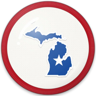 Michigan hat button side patch: a Michigan state outline on a white domed button. States collection.