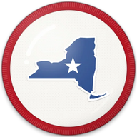 New York hat button side patch: a New York state outline on a white domed button. States collection.