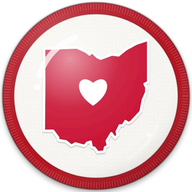 Ohio hat button side patch: an Ohio state outline on a white domed button. States collection.