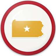 Pennsylvania hat button side patch: a Pennsylvania state outline on a white domed button. States collection.