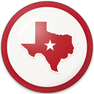 Texas hat button side patch: a Texas state outline on a white domed button. States collection.