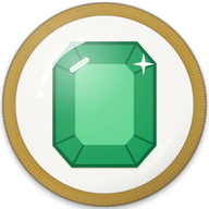 Emerald hat button side patch: a faceted emerald gem, May's birthstone on a white domed button. Birthstones collection.