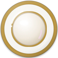 Pearl hat button side patch: a faceted pearl gem, June's birthstone on a white domed button. Birthstones collection.