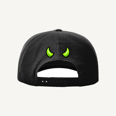 Golf Demons black Richardson 355 rope hat, Wordmark logo, back with green demon horns