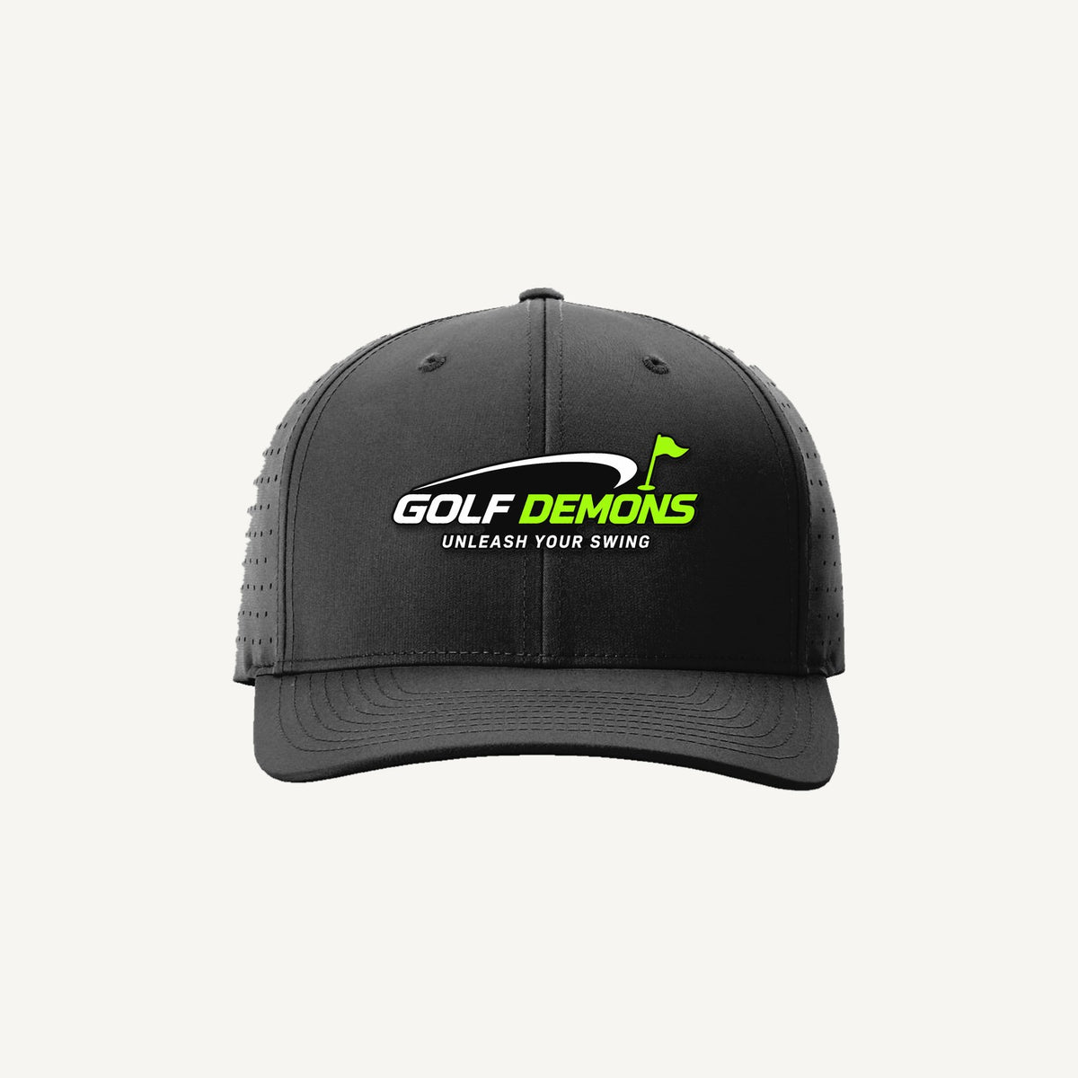 Golf Demons black Richardson 632 hat, Wordmark logo, front