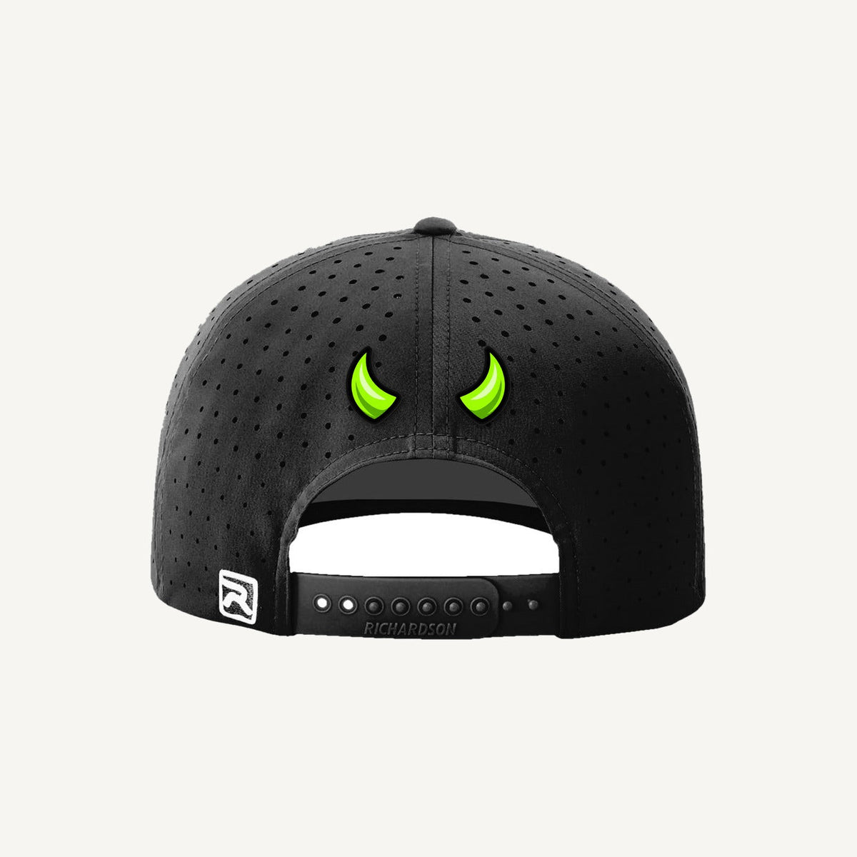 Golf Demons black Richardson 632 hat, Demon logo, back with green demon horns
