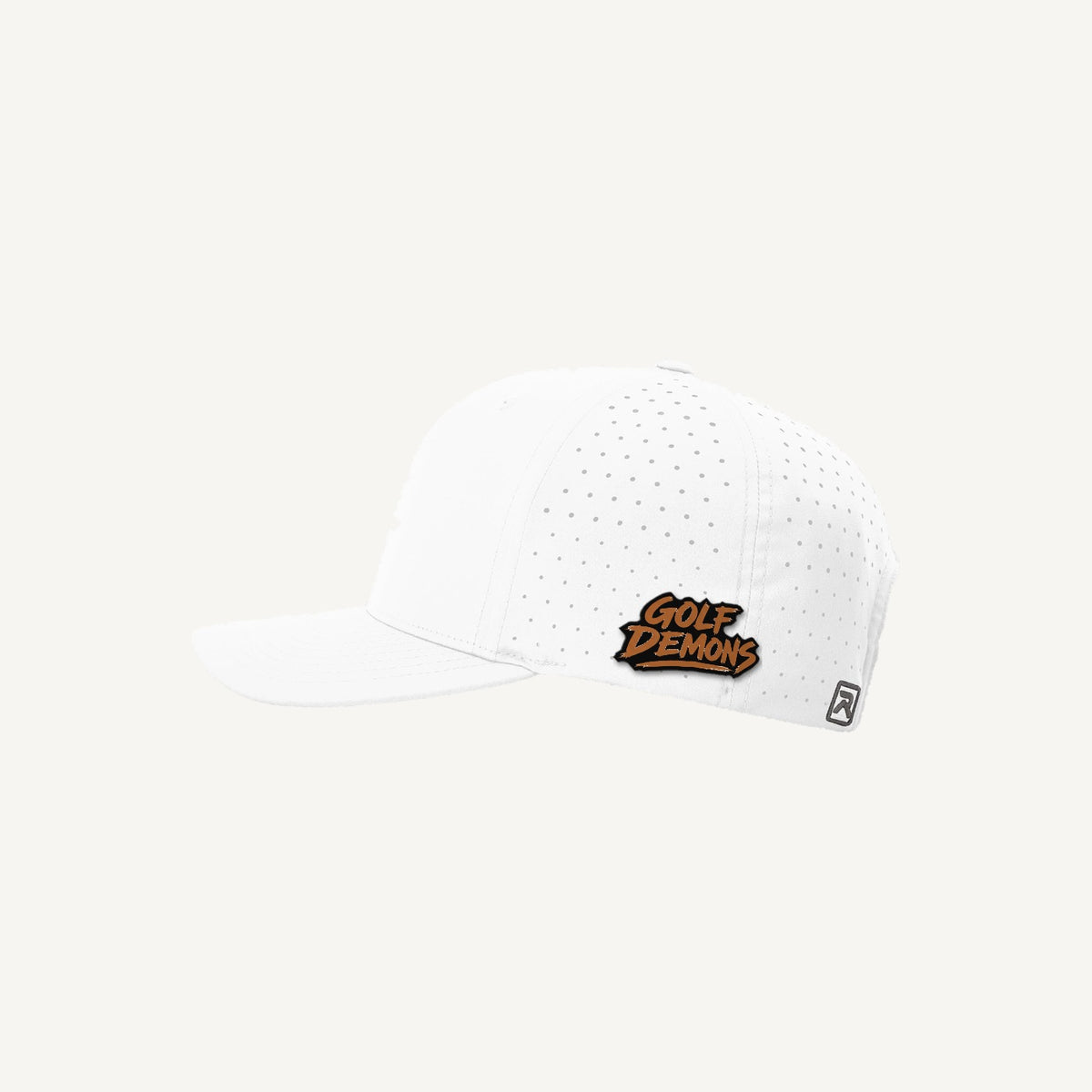 Golf Demons wordmark patch on a Richardson 632 hat in White — side
