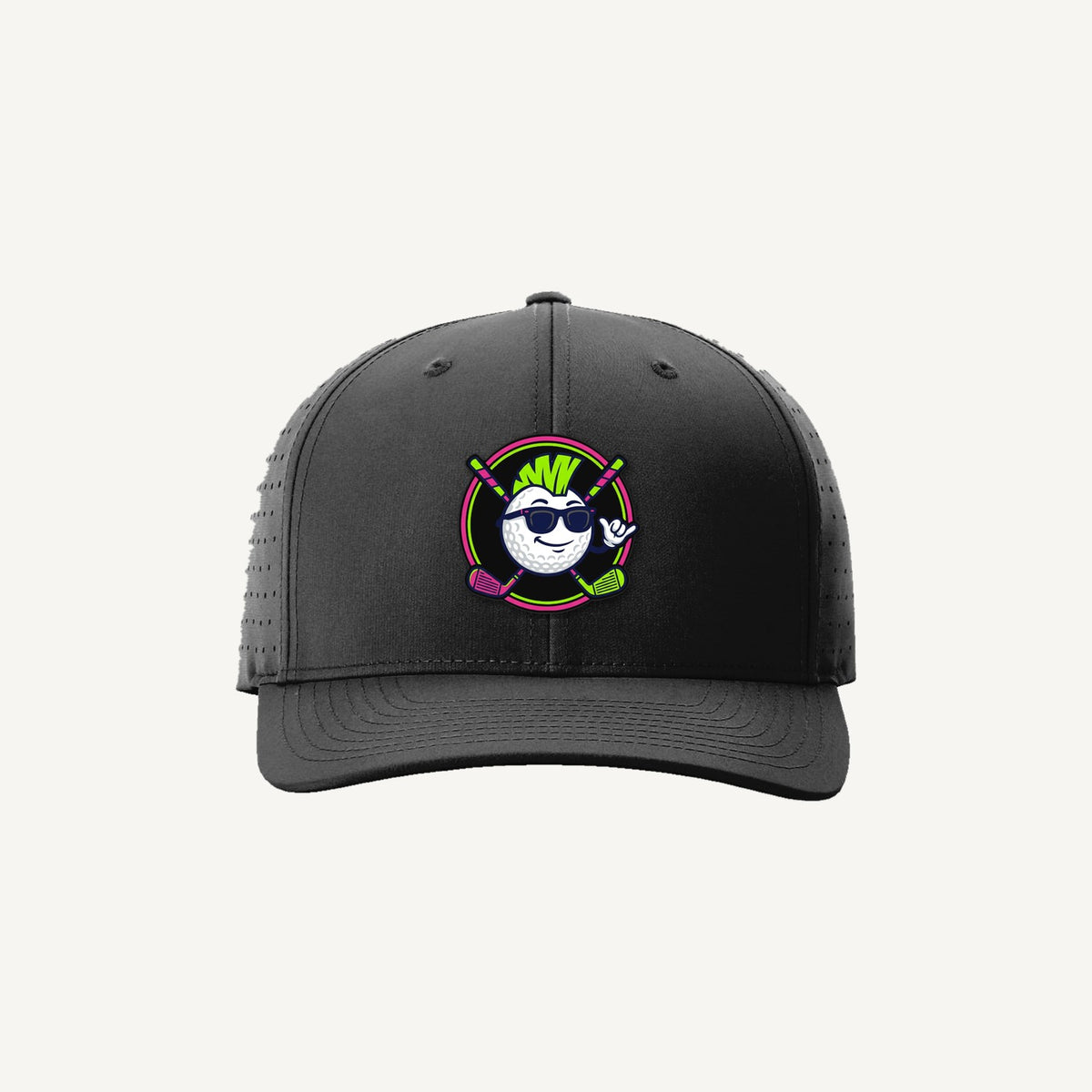 Golf Demons Bob and Crossed Clubs patch on a Richardson 632 hat in Black — front
